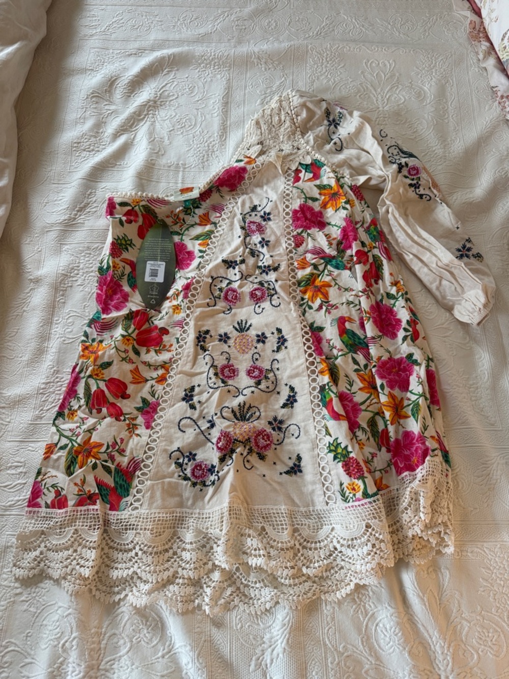 FARM Rio one sleeve Cream Dress with Pink, Orange and Green Floral Embroidery